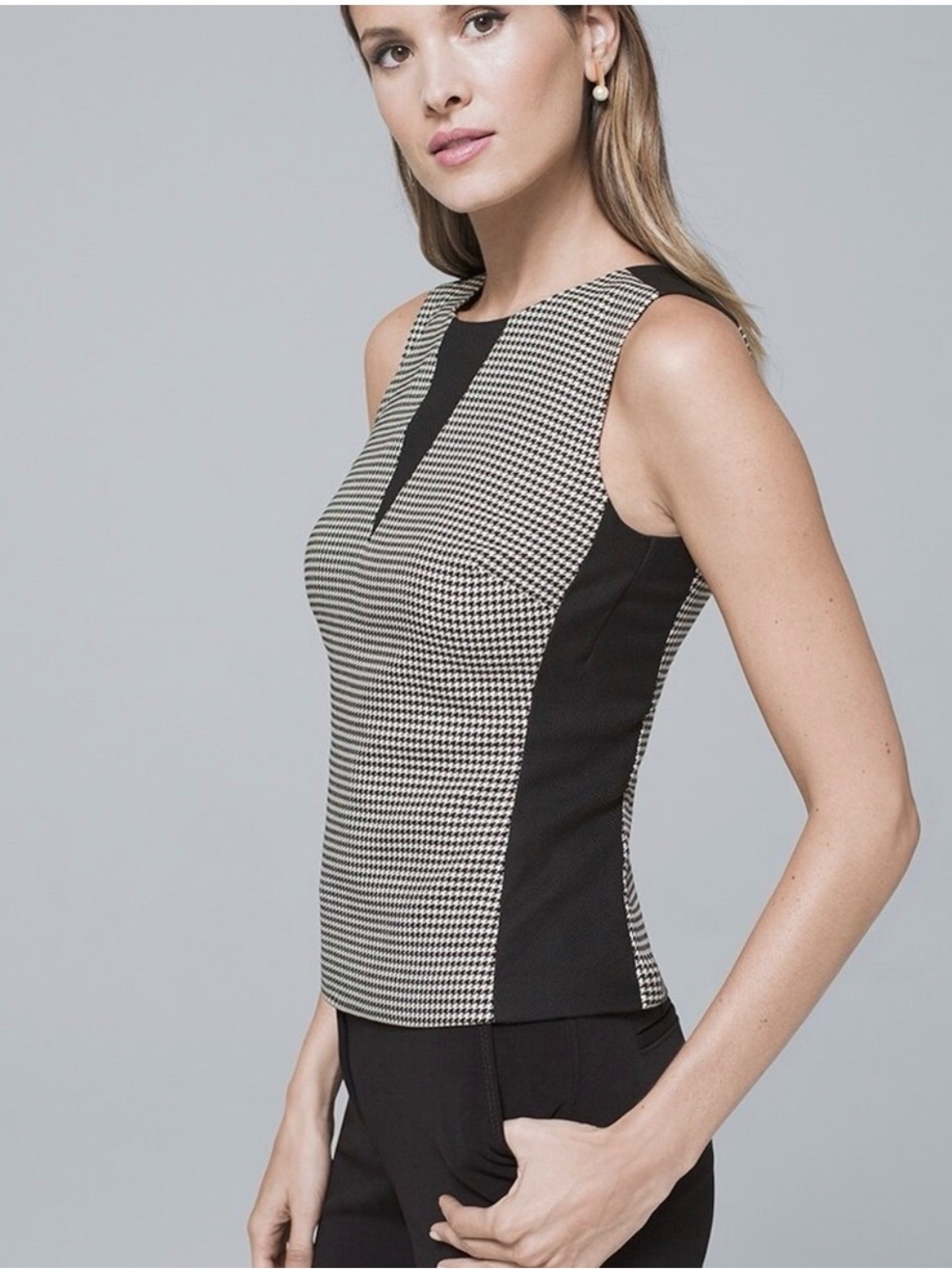 WHBM White House Black Market Houndstooth Sleeveless Top Size 12 EUC - Picture 2 of 12